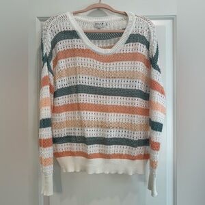 Molly Bracken Striped Open-Knit Sweater in White, Peach & Teal